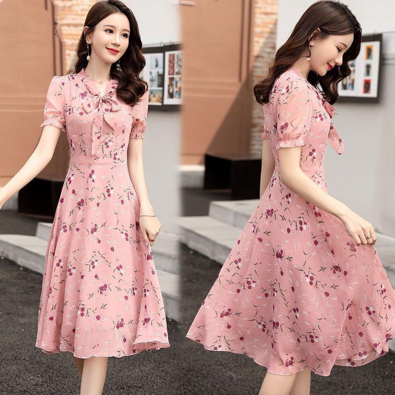 Sweet Chiffon Small Floral Bow Tie Dress Fairy Summer French Niche Short-sleeved Printed Slim Skirt Light and Breathable Mid-length Dress