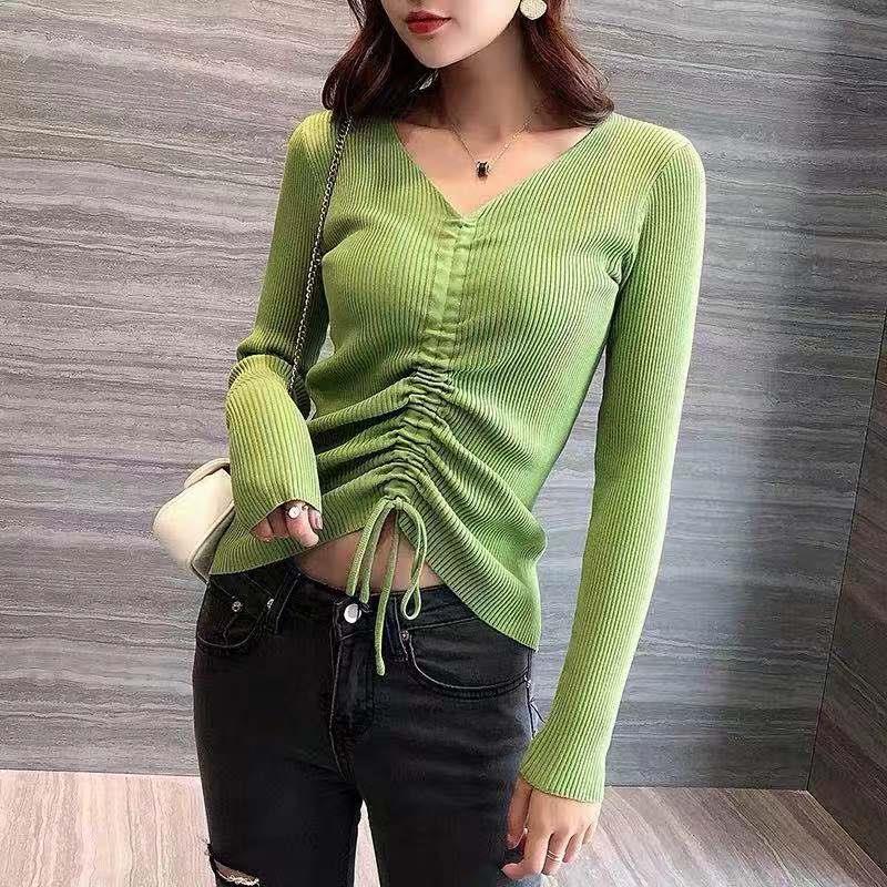 Pofulove Autumn Winter V-neck Slim Joker Long Sleeve Short Sweater Drawstring Knit Sweater Women