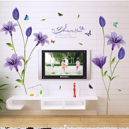 Purple Lily Wall Sticker Living Room Bedroom TV Background Decoration Sticker romantic wallpaper