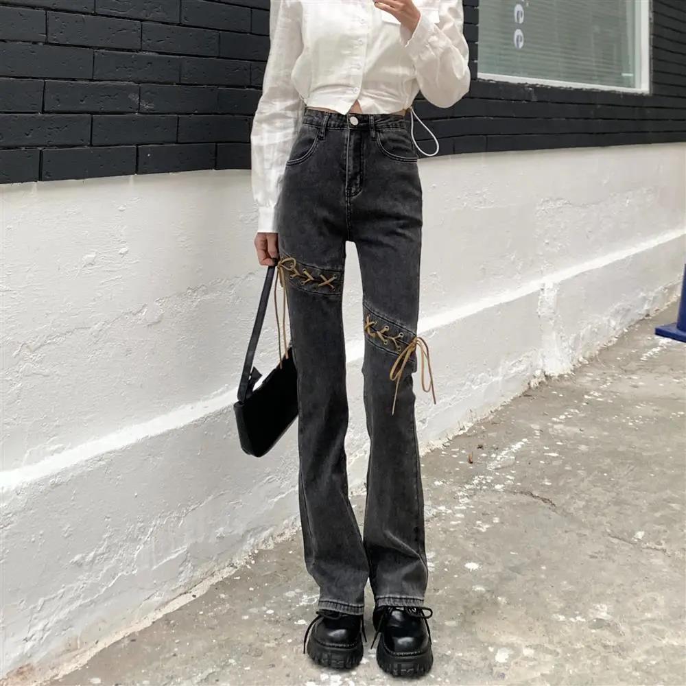 Tie High Waist Micro-horn Jeans Female Autumn and Winter New CHIC Slim Slimming Towards Straight Pants Pants