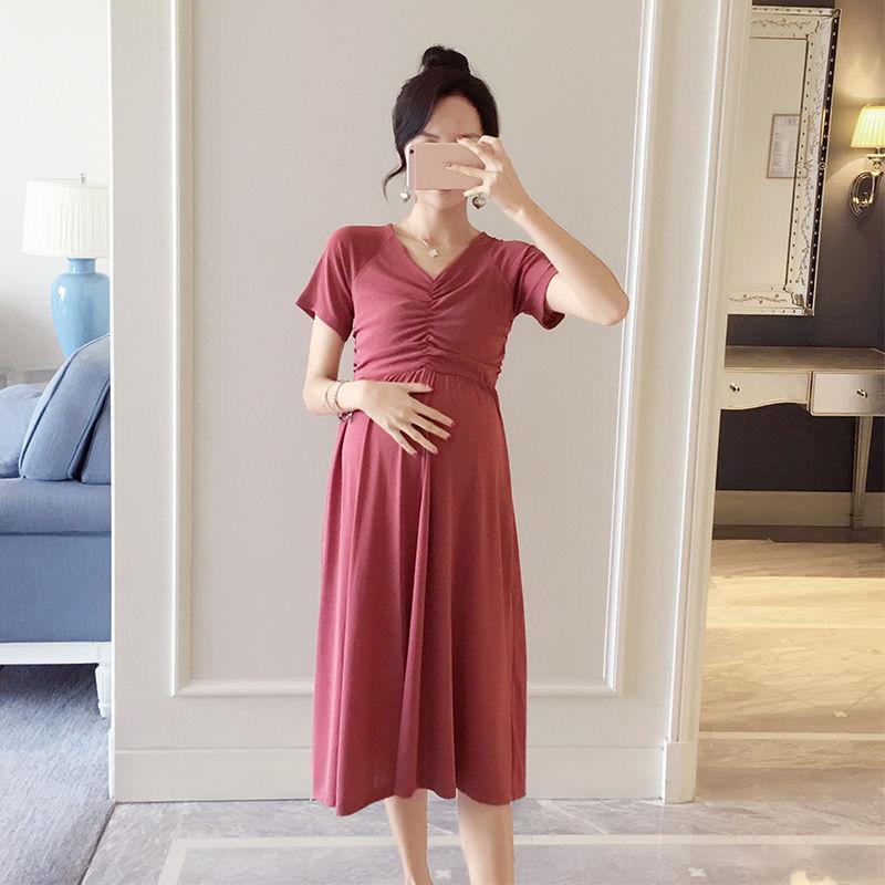 Maternity Clothes Short Sleeve Dress Mid-length Loose Plus Size V-Neck High Waist Over The Knee Skirt