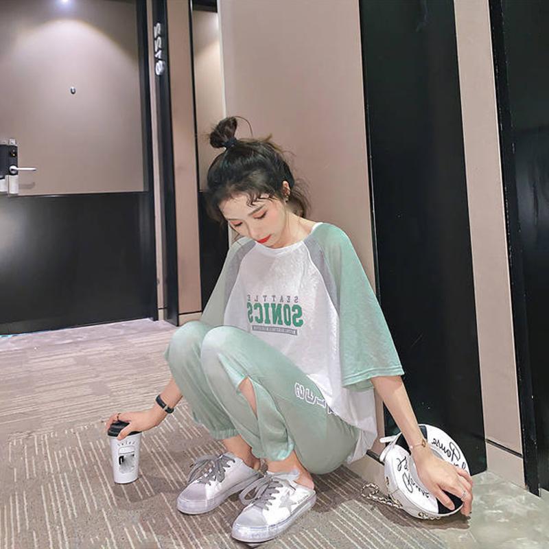 Cute Casual Sportswear Suit Female Summer Two-piece Suit Loose Cool Round Neck Short-sleeved T-shirt + Loose Sports Pants Fabric Light and Breathable