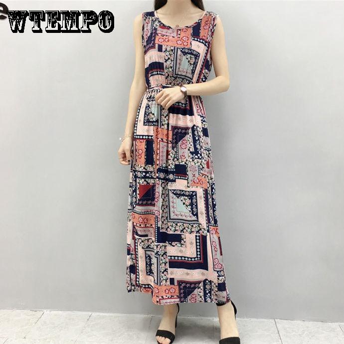 WTEMPO Floral Beach Holiday Skirt Sleeveless Long Skirt Female Summer Bohemian Print Beach Dress