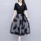 Spring Summer Women's Mesh Dress Fake Two Pieces Black Stitching Mid-length Dress Large Size Casual All-match V-neck