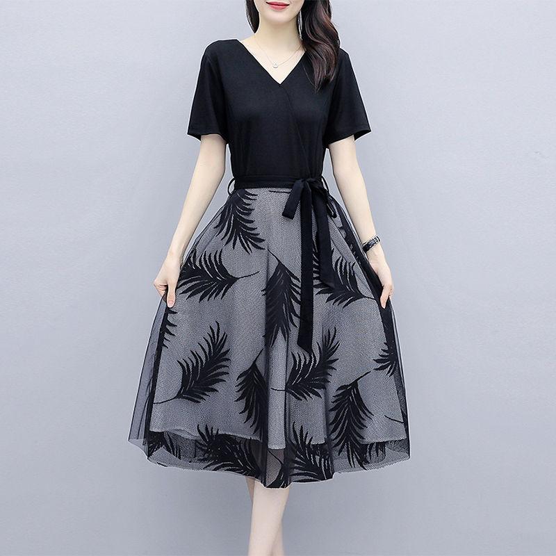 Spring Summer Women's Mesh Dress Fake Two Pieces Black Stitching Mid-length Dress Large Size Casual All-match V-neck