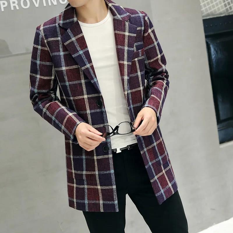 Autumn Men's Casual Mid-length Windbreaker Youth Tartan Coat Suit Collar Single-breasted Jacket Men