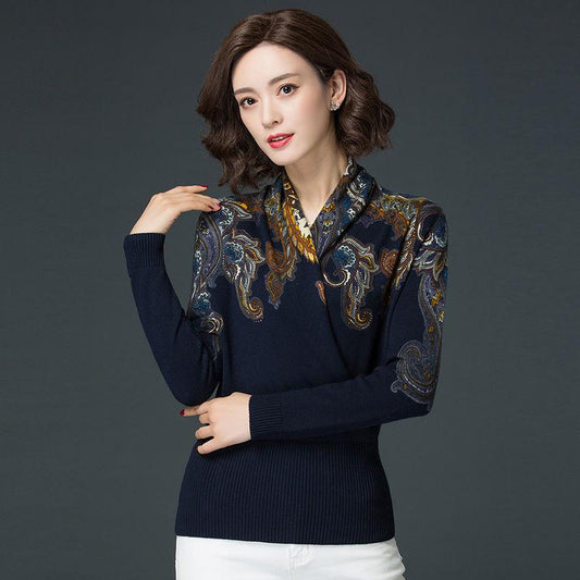 Women's vintage Printed Wool Sweater V-neck Large Size Pure Wool Knitted Sweater Bottoming Shirt Middle-aged Mother Wear