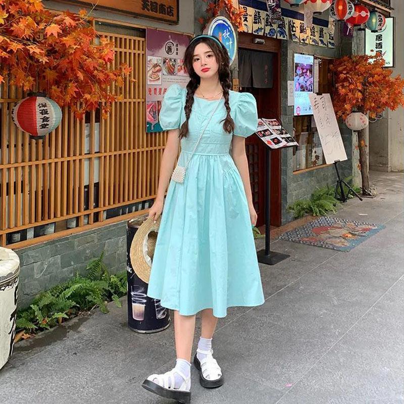 Women's Summer Puff Sleeve Dress Solid Color Slim Square Collar Long Dress