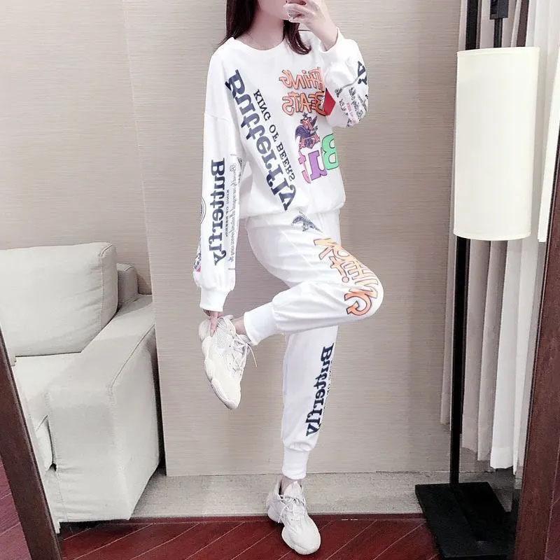 2PCS Women's Spring and Summer Sports Suit Casual Loose Long Sleeve Sweater + Loose Pants Two Pieces Ladies Personality Slimming Print Fitness Suit