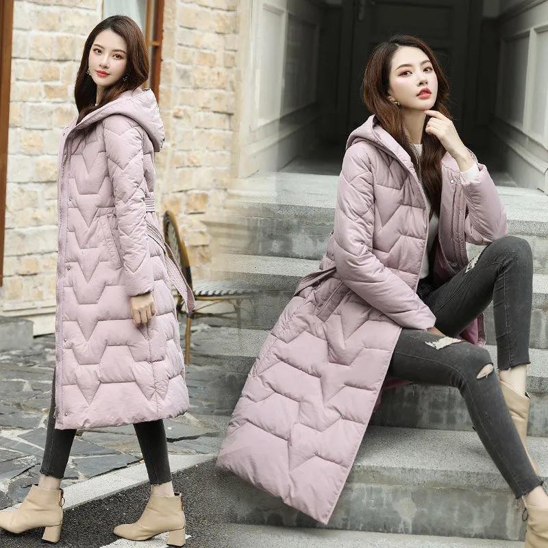 Down Coats Winter Jackets Women Plus Size Hooded Long Padded Parkas Coats with Belt Thick Warm Windbreaker Outwear Black Parkas Jackets Women