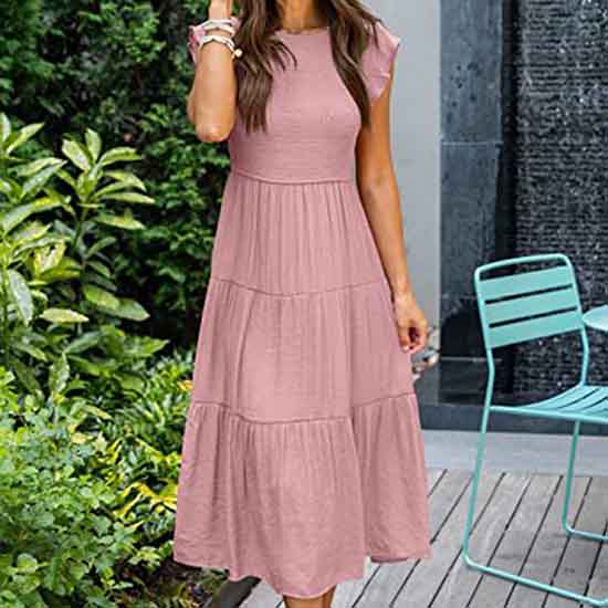 European and American Dress Women's Flying Sleeves Pleated Layered Short-sleeved Large Swing Solid Color Dress