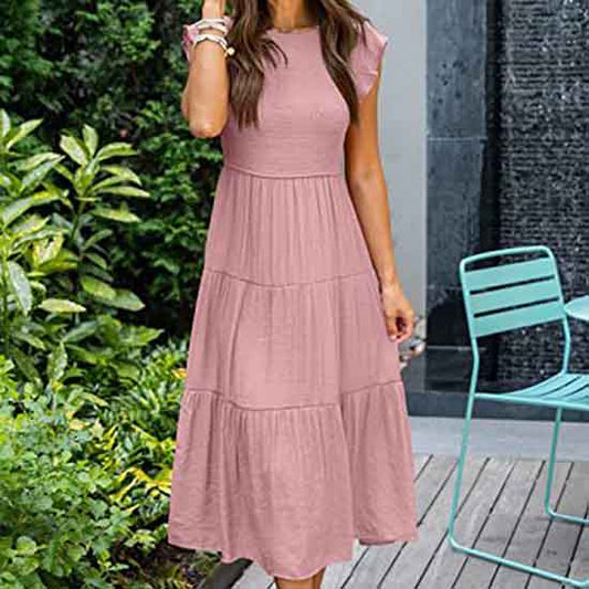 European and American Dress Women's Flying Sleeves Pleated Layered Short-sleeved Large Swing Solid Color Dress