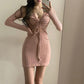 Deep V-neck Knitted Slim-fitting Hip Short Skirt Women's Sexy Long-sleeved Drawstring Pleated Dress Showing Breasts Femininity Solid Color