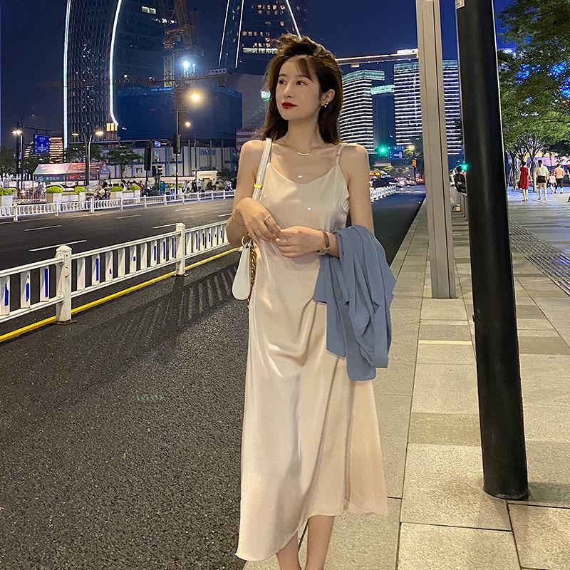 Summer Women Sleeveless Suspender Dress V-neck Silk Long Braces Skirt