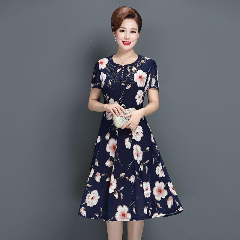 Plus Size XL-XXXXXL  Women Summer Mid-length Printed Mom A-line Skirt  Over-the-knee Dress Short Sleeve