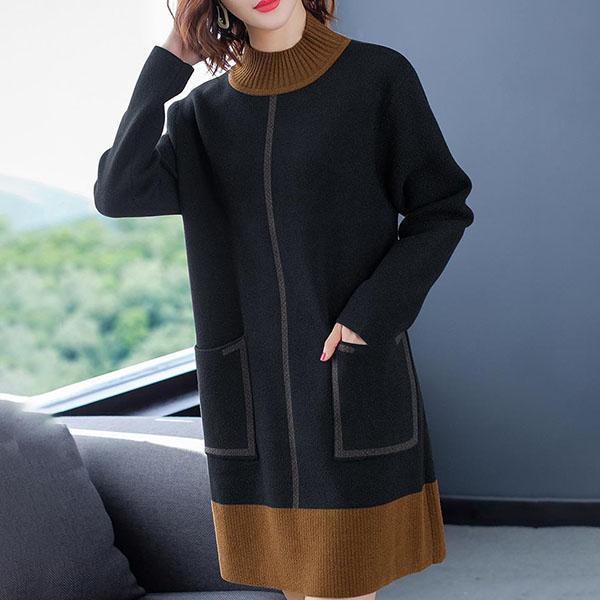 Autumn Winter High Quality Contrast Color Sweater Dress Women Knit Dress Long Loose Pullover Sweater Dress with Pockets for Inner or Outer Wear