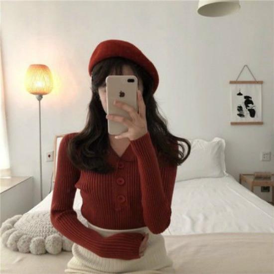Pofulove Girly V- Neck Button Pullover Long Sleeve Sweater Women Solid Color Slim Waist Knitwear
