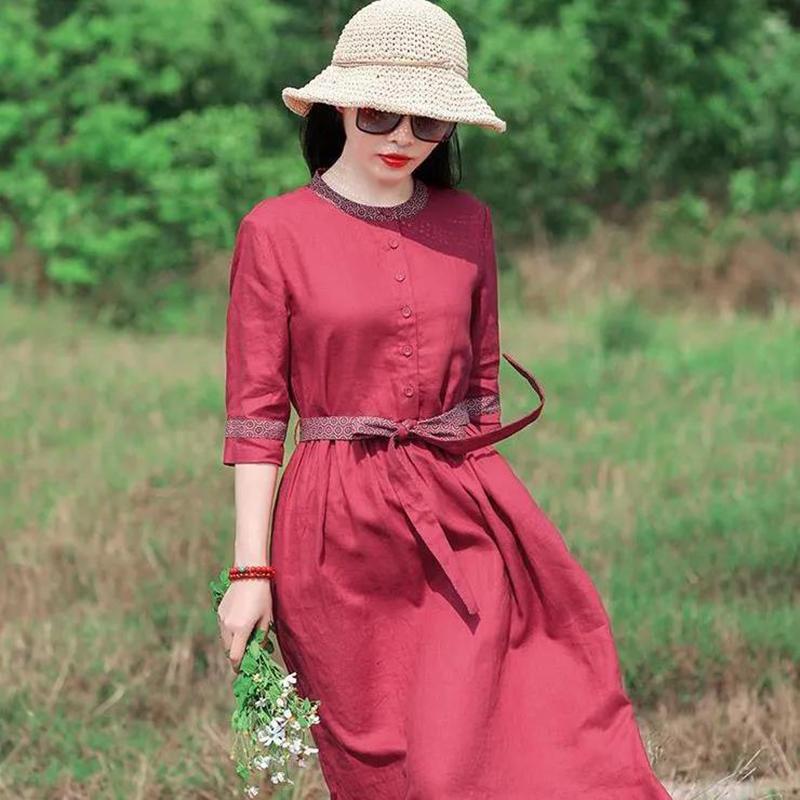M-XXXXL Plus Size Ethnic Style Dress Linen Print Retro Cheongsam Round Neck Button Closure Dress with Belt