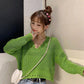 Avocado Green Sweater Women's Loose Autumn Long Sleeve V-neck Hollow Short Knit