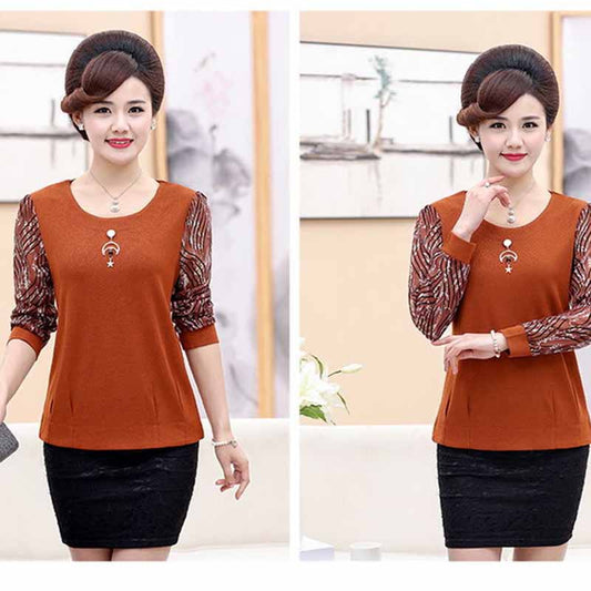 Women's Mother Wear Spring and Autumn Warm Bottoming Shirt Long-sleeved Round Neck Casual T-shirt