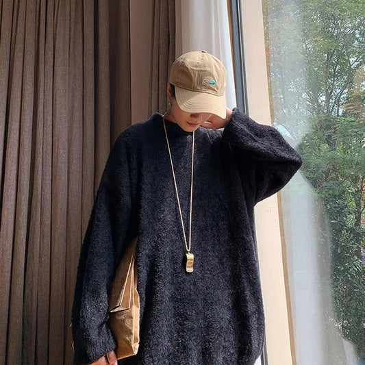 Autumn and Winter Plus Velvet Thick Loose Half High Collar Wild Warm Velvet Sweater Men