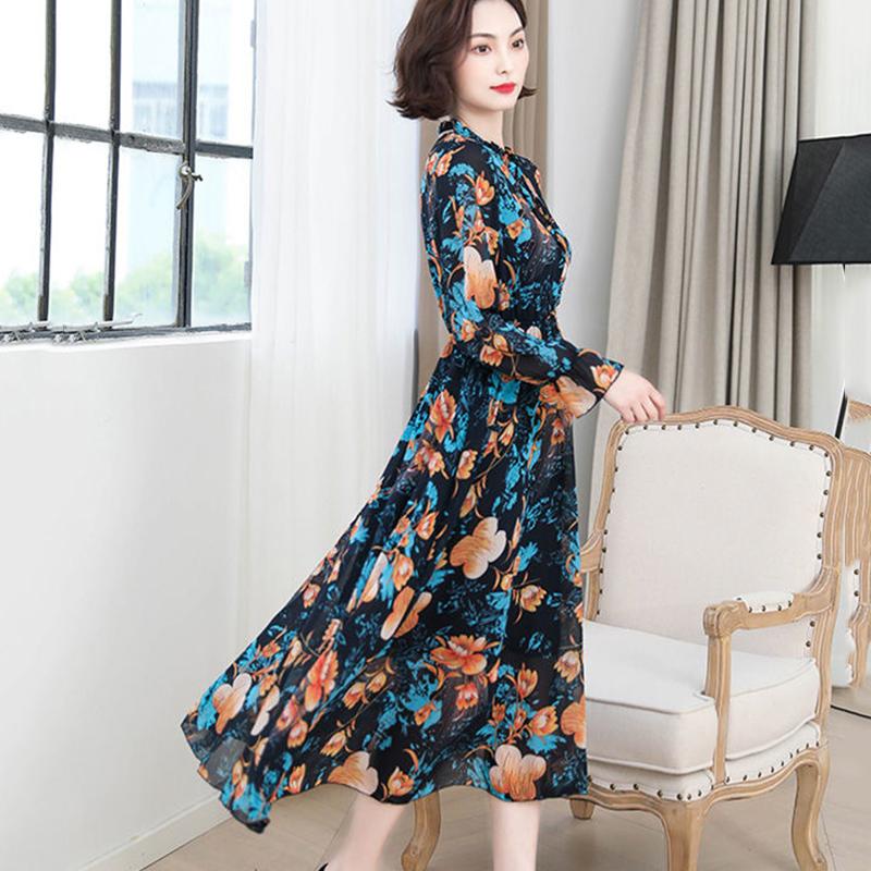 Floral Long Sleeve Dress Feminine Lotus Leaf Collar Chiffon Print Skirt Long French Retro Elegant Inside Outerwear Fabric Lightweight Breathable