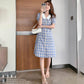 Ladies Dress Blue Plaid Sweet and Cute Fresh Doll Collar Slim and Thin French Retro Jumpsuit Chiffon Skirt Fabric Light and Breathable