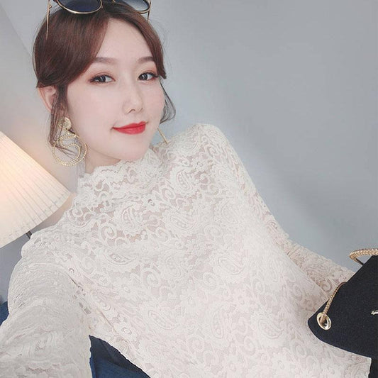 Tight Lace Mesh Beauty Plus Cashmere Tops Female Half High Collar Bottoming Feminine Sexy Blouse
