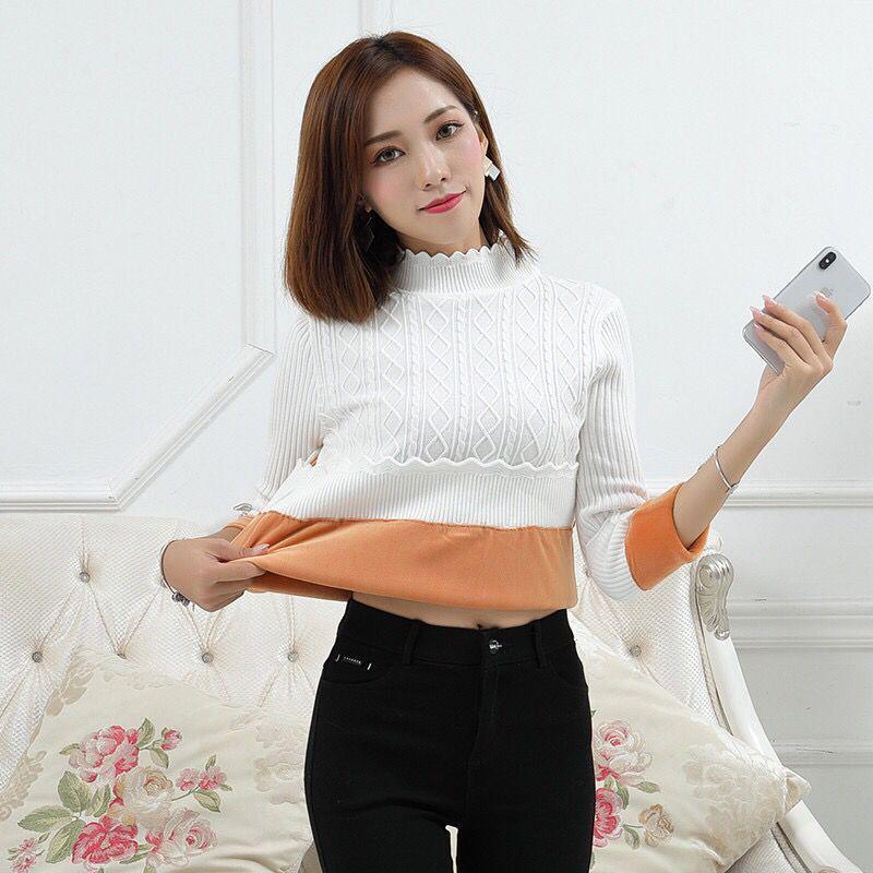 Pofulove Half Turtleneck Pullover Sweater Women Short Winter Plus Velvet Thick Bottoming Shirt