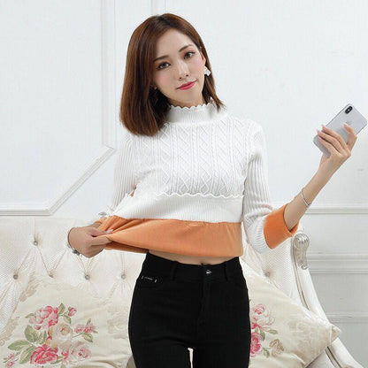 Pofulove Half Turtleneck Pullover Sweater Women Short Winter Plus Velvet Thick Bottoming Shirt
