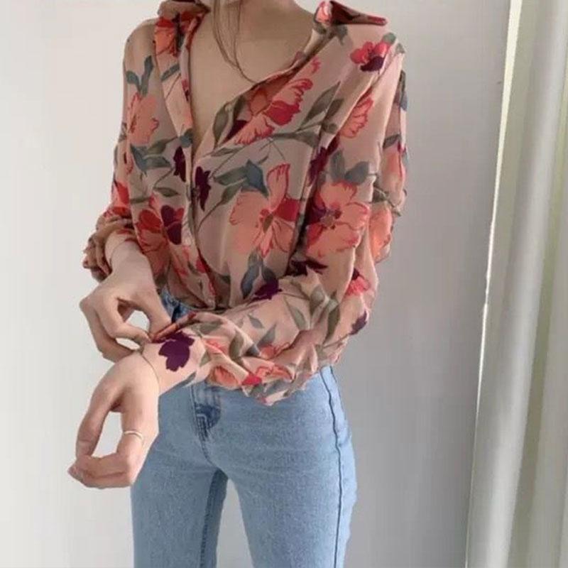 Floral Thin Chiffon Shirt Women Niche Western-style Tops Long Sleeve Shirts Cardigans Jacket Sunscreen Clothing All-match Blouse
