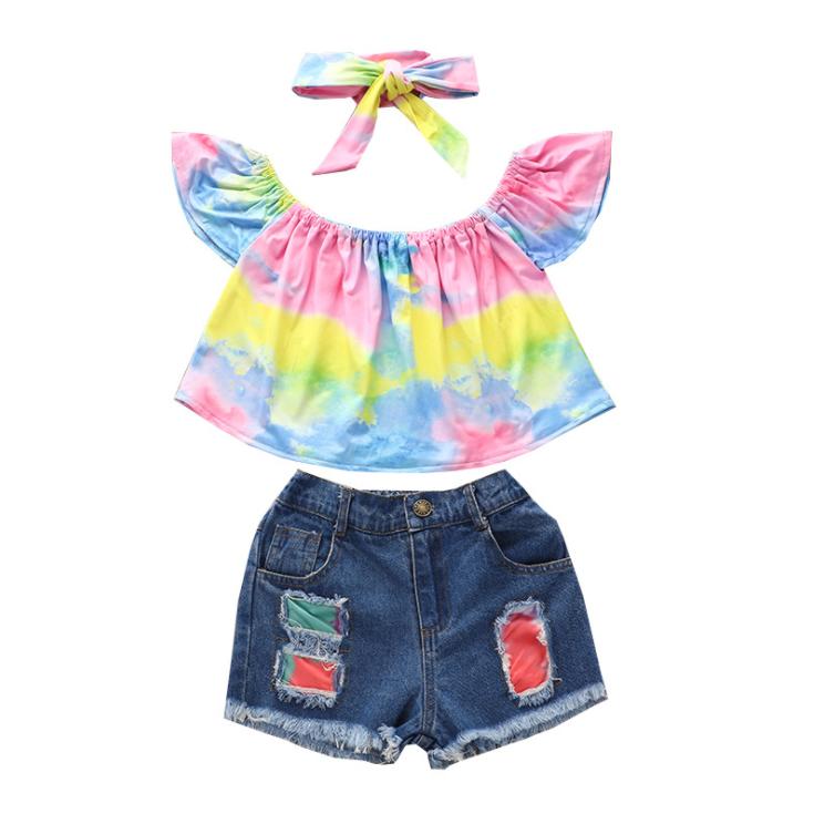 Summer Girls' Hole Shorts One Shoulder Top Denim Shorts Set Three Piece Children's Denim Shorts Suit