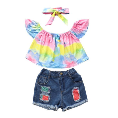 Summer Girls' Hole Shorts One Shoulder Top Denim Shorts Set Three Piece Children's Denim Shorts Suit