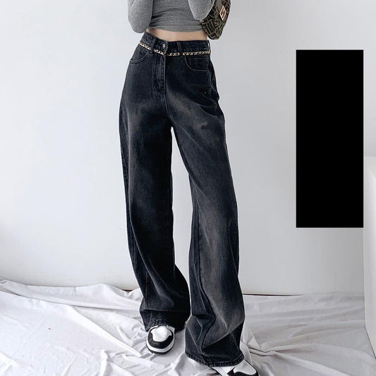 Black Spring and Autumn High Waist Loose Straight Wide Leg Mopping Pants Jeans Women's 2022 New Design Sense Niche