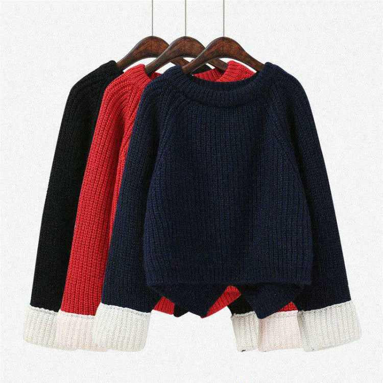 Long Sleeve White Cuffs Knitted Shirt O-Neck Loose  Blouse Simple Color Christams