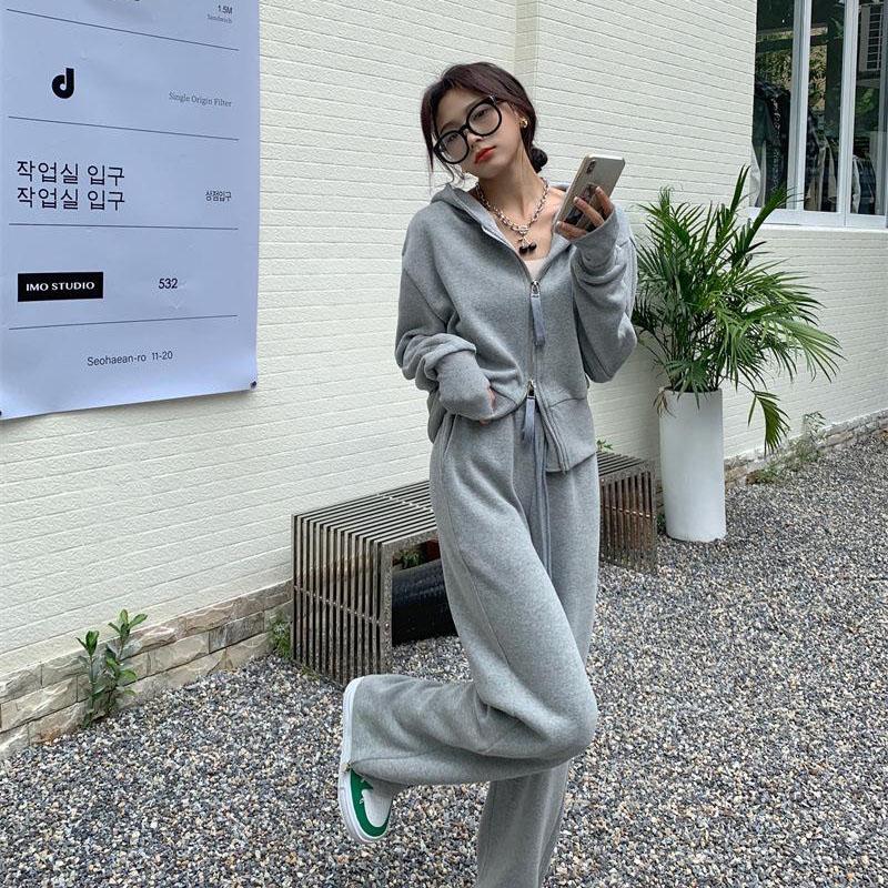 Double Zip Hooded Sweater Outer Sportswear Spring Loose Solid Color Casual Trousers Drawstring Sweatpants