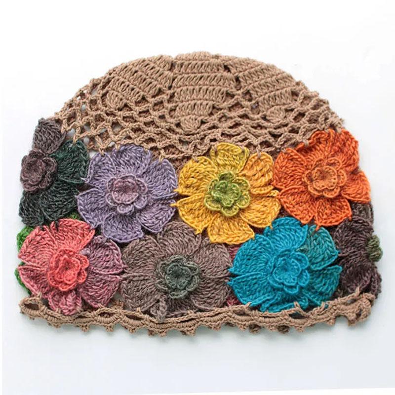 Gradient Stereo Flower Bag Head Hat Woman National Handmade Crochet Knit Hat Openwork Towel Hat