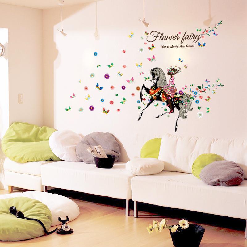 Removable horse fairy flower bedroom living room wall sticker colorful wallpaper