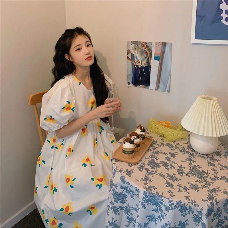Women's Summer Long Dress Puff Sleeve Floral V-Neck A-Line Dress
