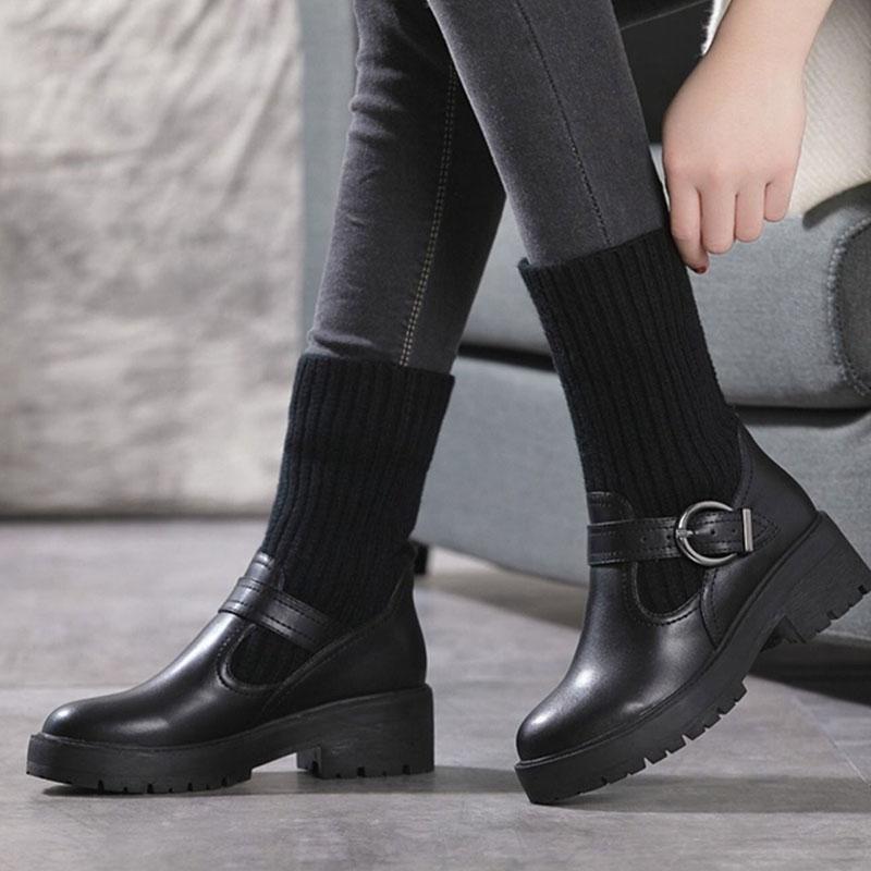 Female Socks Stitching Leather Martin Boots All-match Student Block Heel Ankle Boots British Style Snow Boots Black and White