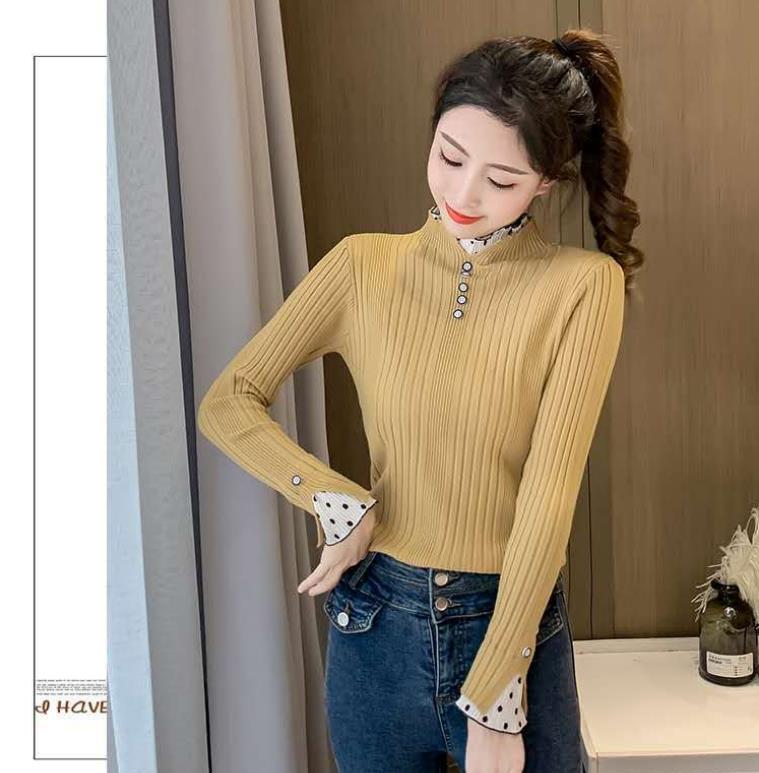 Half-high Collar Padded Bottoming Shirt Autumn and Winter All-match Lace Stitching Top Long-sleeved Knitted Sweater for Ladies