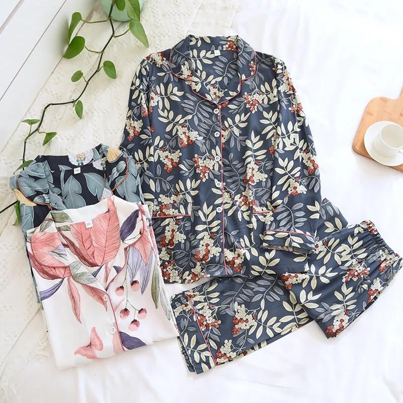 Spring Autumn Pajama Women Long Sleeve Trousers Ladies Sleepwear Suit Simple Casual Loose Pajamas Women's Home Wear