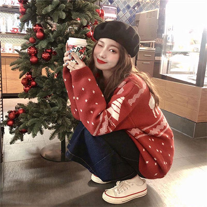 Autumn and Winter Pullover Top Loose Casual Thick Coat Christmas Style Knitted Female Sweater