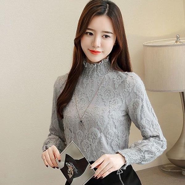 Genuine Fashion Trend Lace Bottoming Shirt Autumn and Winter Plus Velvet Thickening Warm High Neck Long Sleeve Women Sweater