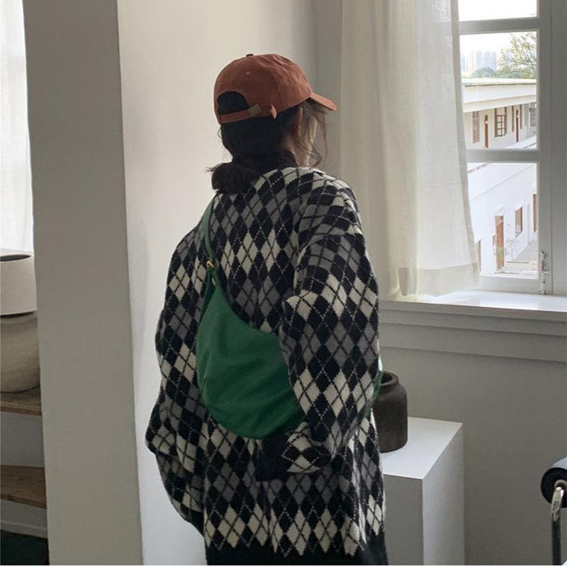 Autumn Winter Check Color Contrast V-neck Long  Sleeved Sweater Jacket Women Retro College Style Loose Knit Cardigan Outer Wear