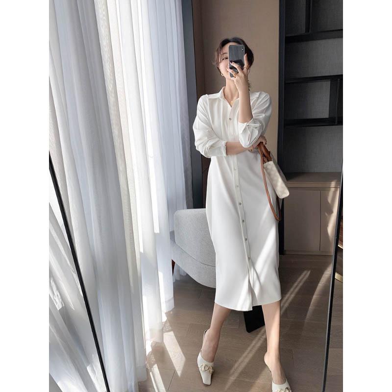 Spring Summer White Shirt Dress Cardigan Niche Waist Waist Was Thin A-line Long Skirt Women