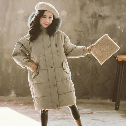Girls' Warm Cotton Clothes Korean Version Plus Velvet Thick Down Padded Coat Windproof Winter Clothes