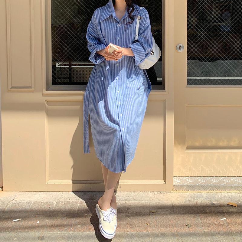 Female Vintage Contrast Striped Shirt Holiday Dress Spring Slim Knee Length Long Sleeve Casual Dress