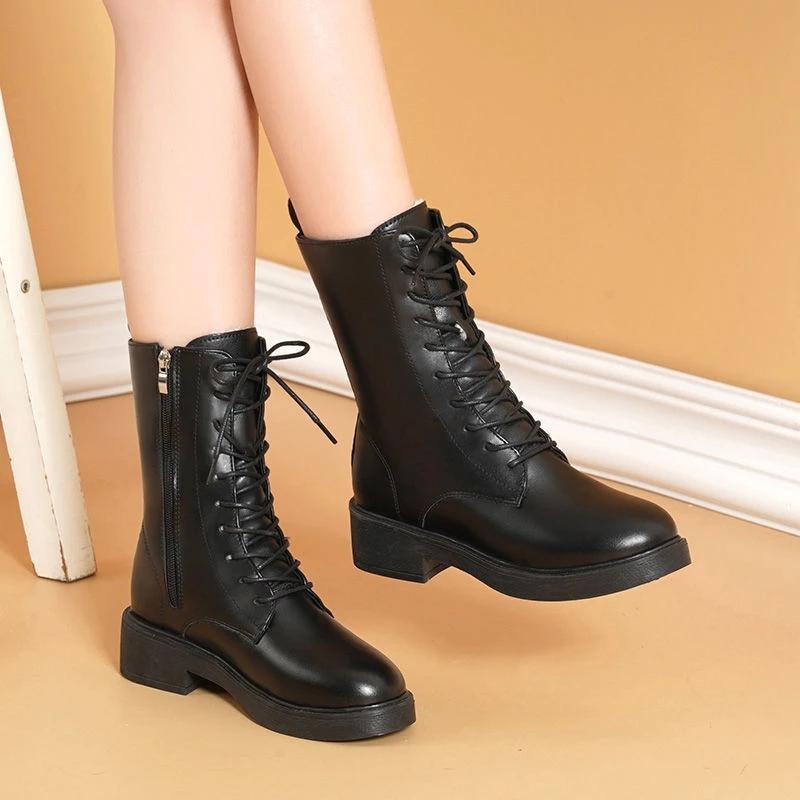 Women's Boots Winter Shoes Black Leather Fur Boots Plush Warm Ankle Booties Platform Chunky Boots Fashion Designer