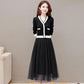The Skirt Is Feminine and Thin Black Fake Two-piece Mesh Stitching Knitted Dress V-neck Long-sleeved Mesh Skirt Waist and Thin